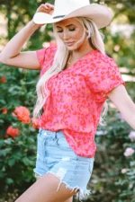 Charley Leopard V Neck Short Sleeve Blouse - Trendy & Comfortable Women's Top - Image 3