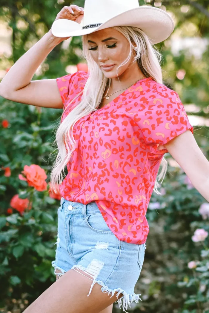 Charley Leopard V Neck Short Sleeve Blouse - Trendy & Comfortable Women's Top - Image 3
