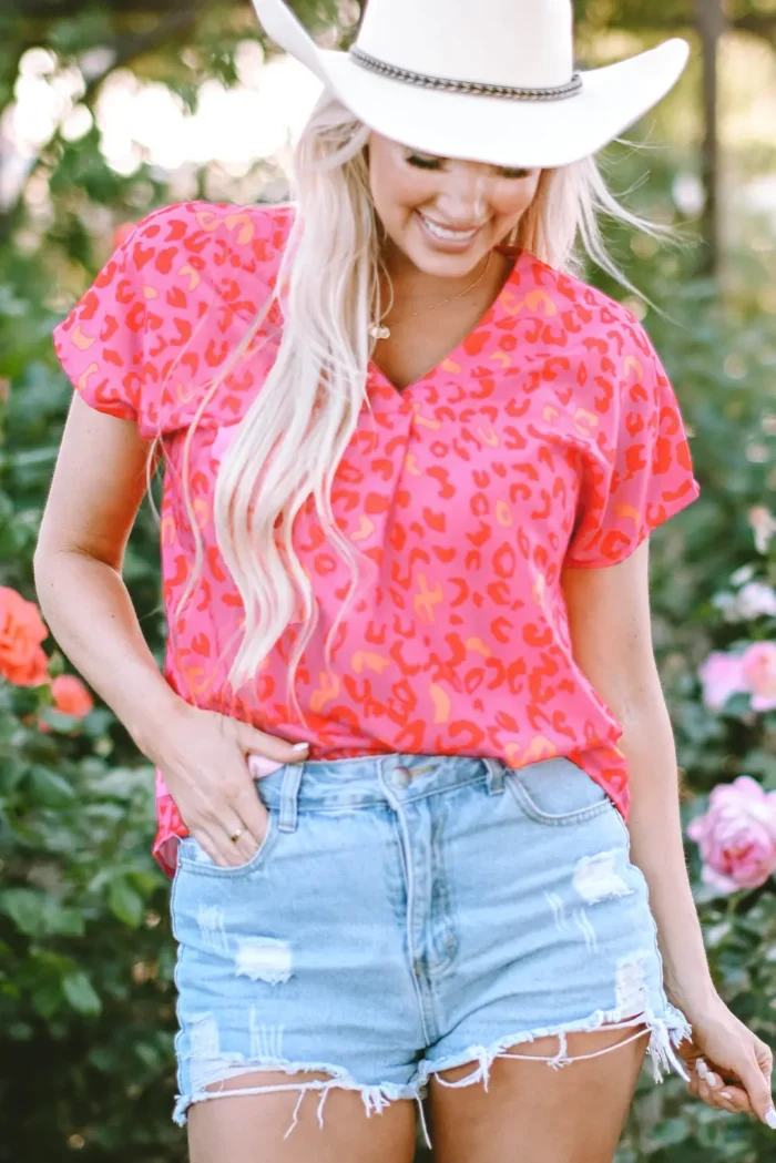 Charley Leopard V Neck Short Sleeve Blouse - Trendy & Comfortable Women's Top - Image 4