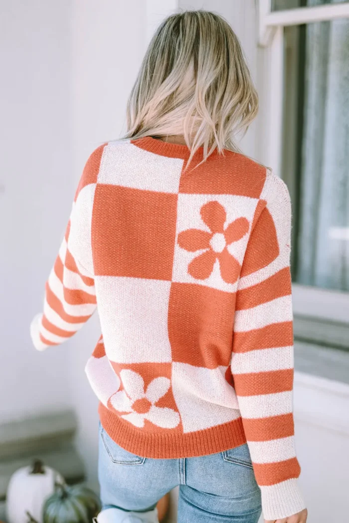 Miller Checkered Floral Striped Sleeve Sweater - Stylish & Cozy Knitwear - Image 1