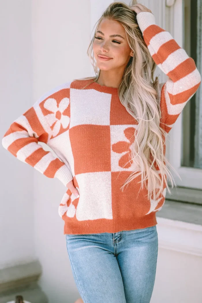 Miller Checkered Floral Striped Sleeve Sweater - Stylish & Cozy Knitwear - Image 3