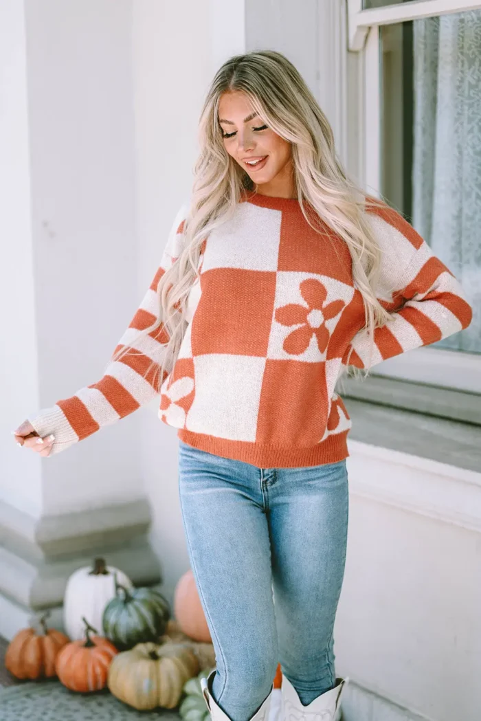 Miller Checkered Floral Striped Sleeve Sweater - Stylish & Cozy Knitwear - Image 5