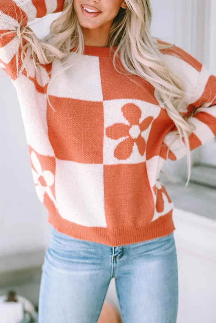 Miller Checkered Floral Striped Sleeve Sweater - Stylish & Cozy Knitwear - Image 2