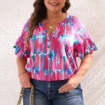 Lisa Plus Size Brushstroke Print Ruffle Sleeve Button V Neck Blouse - Chic & Comfortable