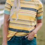 Audrey Crew Neck T-Shirt - Trendy Multicolor Striped Short Sleeve Top - Stylish & Comfortable