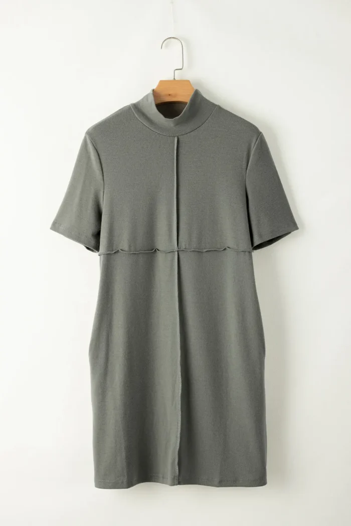 Asha High Neck Cross Seam T-shirt Dress - Elegant, Versatile Mini Dress with Pockets - Image 1