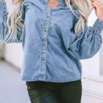 Colette V-Shape Stitching Puff Sleeve Denim Shirt Elegant & Versatile Women's Top