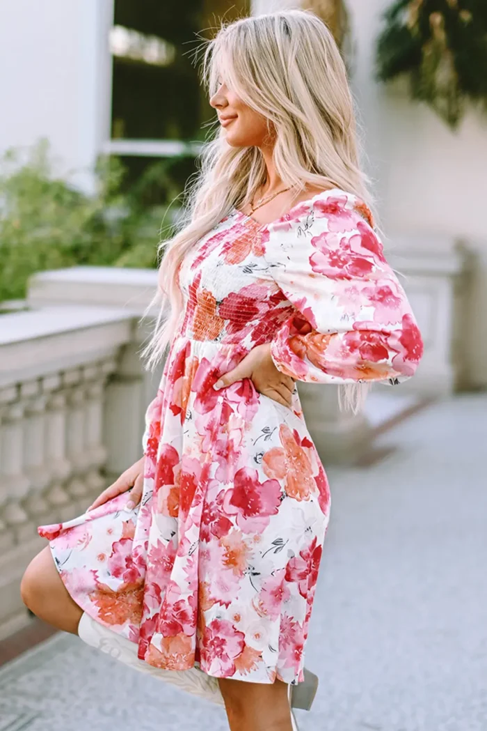 Camryn Floral Smocked Puff Sleeve Mini Dress - Elegant & Flattering Fit with Long Puff Sleeves - Image 3