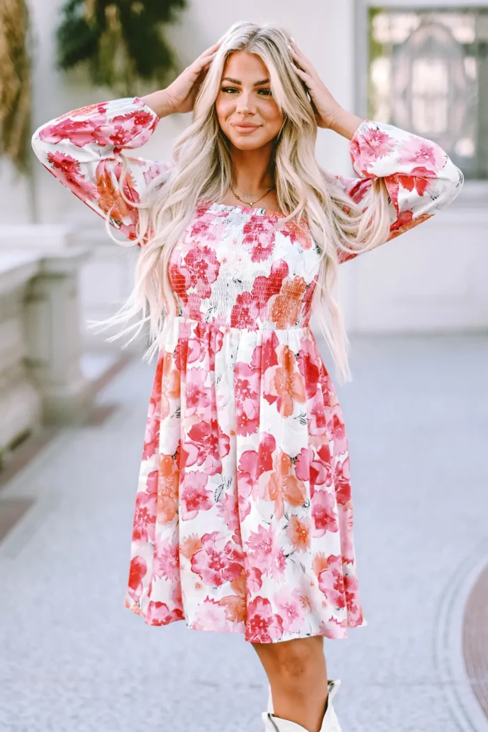 Camryn Floral Smocked Puff Sleeve Mini Dress - Elegant & Flattering Fit with Long Puff Sleeves - Image 4