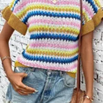 Emely Ruffle Sleeve Textured Sweater - Vibrant Striped Design, Casual Boxy Fit