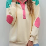 Helen Elbow Patch Half Button Sweatshirt Stylish and Cozy Color Block Design
