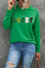 LUCKY Chenille Embroidered Graphic Sweatshirt - Cozy & Stylish St. Patrick's Day Crew Neck - Image 2