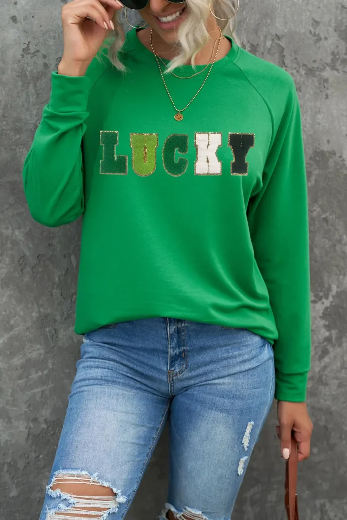 LUCKY Chenille Embroidered Graphic Sweatshirt - Cozy & Stylish St. Patrick's Day Crew Neck - Image 2