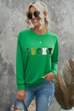 LUCKY Chenille Embroidered Graphic Sweatshirt - Cozy & Stylish St. Patrick's Day Crew Neck - Image 3