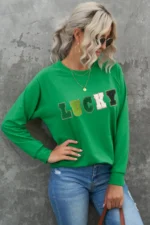 LUCKY Chenille Embroidered Graphic Sweatshirt - Cozy & Stylish St. Patrick's Day Crew Neck - Image 4