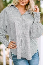 Skye Smocked Cuffed Striped Boyfriend Shirt with Pocket - Casual & Chic Oversized Top | Stylish Women's Button-Down - Image 2
