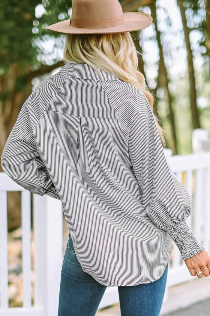 Skye Smocked Cuffed Striped Boyfriend Shirt with Pocket - Casual & Chic Oversized Top | Stylish Women's Button-Down - Image 1