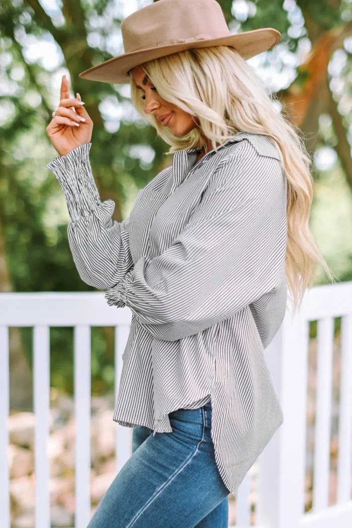 Skye Smocked Cuffed Striped Boyfriend Shirt with Pocket - Casual & Chic Oversized Top | Stylish Women's Button-Down - Image 5