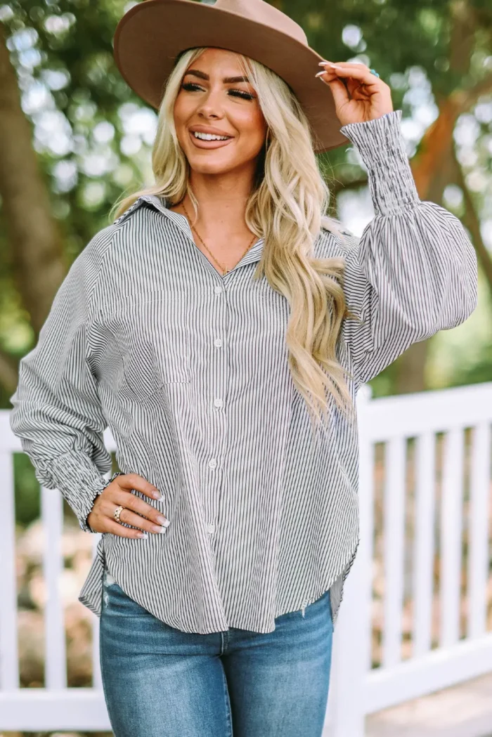 Skye Smocked Cuffed Striped Boyfriend Shirt with Pocket - Casual & Chic Oversized Top | Stylish Women's Button-Down - Image 7