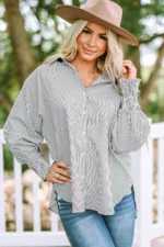 Skye Smocked Cuffed Striped Boyfriend Shirt with Pocket - Casual & Chic Oversized Top | Stylish Women's Button-Down - Image 9