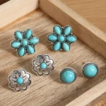 3 Piece Set Western Stud Earrings - Turquoise Stone, Lightweight Alloy, Perfect for Daily Wear