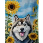Alaskan Malamute in Sunflowers Kitchen Towel Plush Velour, Absorbent & Decorative