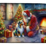 Australian Shepherd and Santa Claus Dish Drying Mat - Christmas Kitchen Decor - 14x22 Inches - Absorbent & Non-Slip - Machine Washable