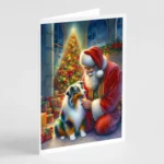 Pack of 8 Australian Shepherd and Santa Claus Christmas Greeting Cards - Premium 5x7 Holiday Cards with Envelopes Blank Inside for Personalized Messages