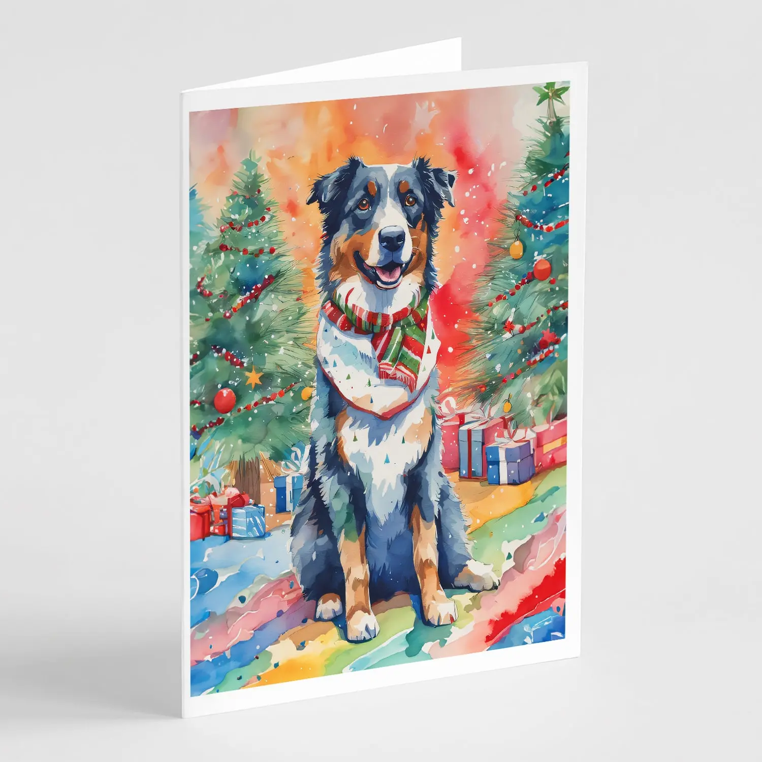39733595_large.webp Australian Shepherd Christmas Greeting Cards Pack of 8 - Festive Holiday Cards - Full-Color Art - Blank Inside - 5x7 Cards with Envelopes - Image 1
