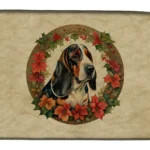 Basset Hound Christmas Dish Drying Mat - Festive Flowers, Absorbent & Non-Slip, 14x22 Inches