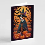 Basenji Witchy Halloween Greeting Cards Pack of 8 - High-Quality 5x7 Cards with Envelopes | Unique Basenji Dog Art
