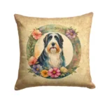 Bearded Collie and Flowers Throw Pillow - Vibrant Outdoor & Indoor Decor, 14x14 Inches, Water-Resistant, Made in USA