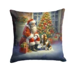 Festive Basset Hound and Santa Claus Christmas Decorative Cushion - 18x18 Throw Pillow