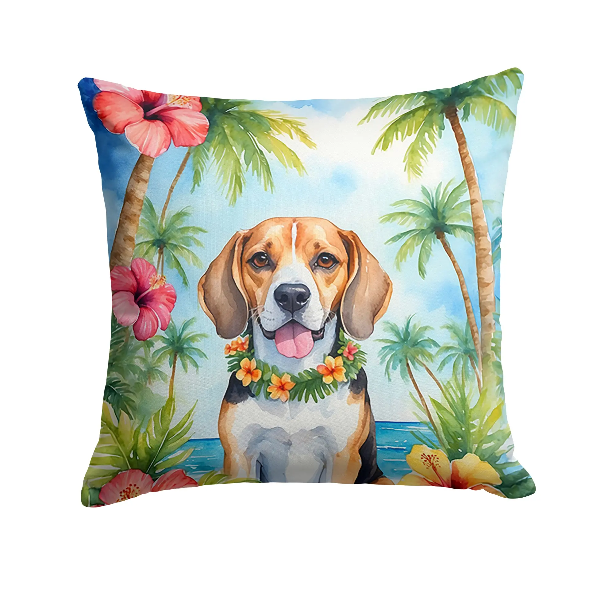 39851475_large.webp Beagle Luau Throw Pillow - Vibrant Outdoor Decorative Cushion for Patio & Home Decor - Image 1