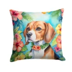 Beagle Luau Throw Pillow - 14x14 inches Vibrant Outdoor Cushion with Water Resistant Beagle Artwork, Made in the USA