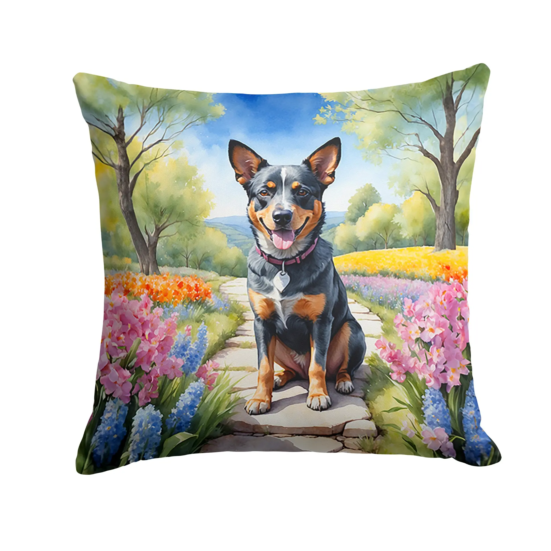 39853849_large.webp Australian Cattle Dog Spring Garden Throw Pillow - 14x14 Inches - Indoor & Outdoor Decor by Caroline's Treasures - Image 1