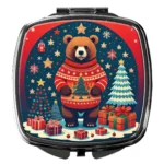 Bear Christmas Compact Mirror - Elegant Silvertone Double Mirror, Portable and Stylish