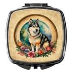 Elegant Alaskan Malamute and Flowers Compact Mirror - Ideal for On-the-Go Touch-Ups
