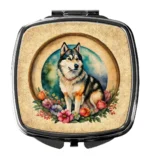 Elegant Alaskan Malamute and Flowers Compact Mirror - Ideal for On-the-Go Touch-Ups