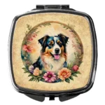 Australian Shepherd and Flowers Compact Mirror - Elegant Pocket Makeup Accessory