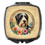 Bearded Collie and Flowers Compact Mirror - Elegant, Portable Makeup Accessory