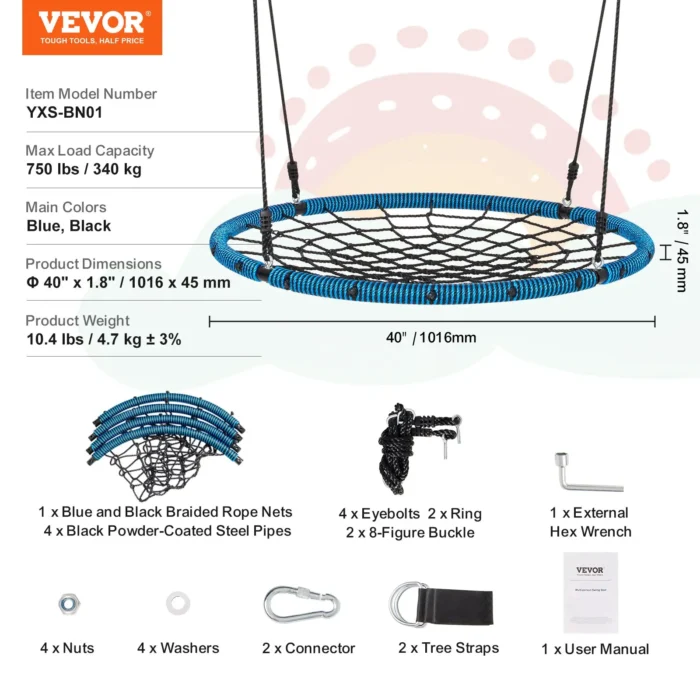 VEVOR 40 Inch Spider Web Saucer Swing - Outdoor Round Kids Swing, 750 lbs Capacity, Weather-Resistant - Image 6