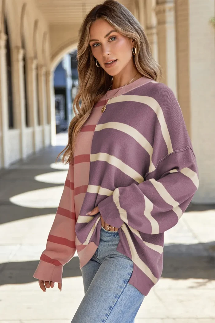 Araya Stripe Oversized Sweater - Cozy Up in Style with Color Block Knitwear - Image 3