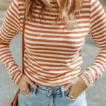 Mia Striped Long Sleeve Top - Stylish High Neck Textured Knit for All Seasons