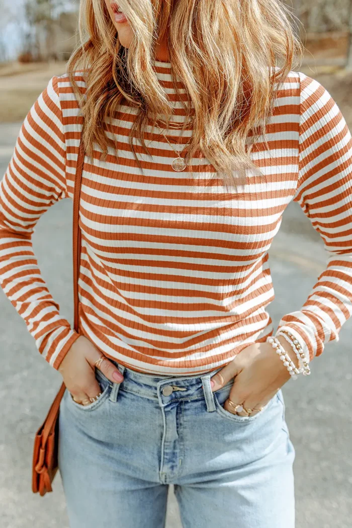 Mia Striped Long Sleeve Top - Stylish High Neck Textured Knit for All Seasons - Image 1