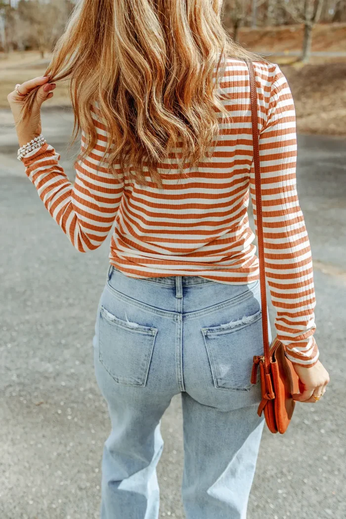 Mia Striped Long Sleeve Top - Stylish High Neck Textured Knit for All Seasons - Image 2
