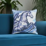 Embroidered 18"x18" Blue Decorative Pillow with Horse Design - Stylish & Cozy Home Decor