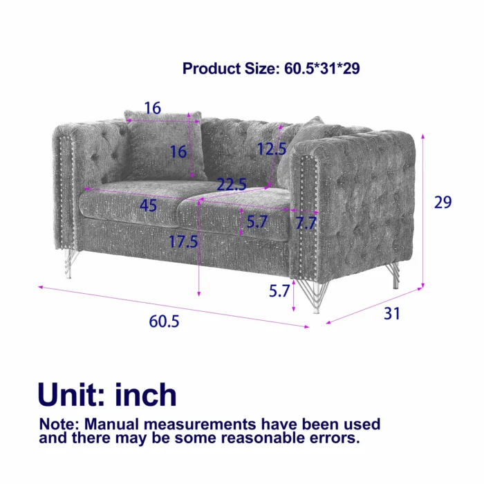 Modern 60-Inch Chenille Sofa with Copper Nailhead Trim - Button Tufted Couch for Living Room - Image 13