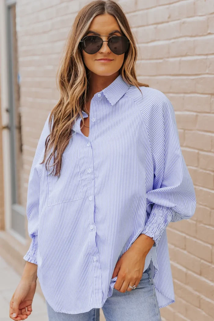 Skye Smocked Cuffed Striped Boyfriend Shirt with Pocket - Casual & Chic Oversized Top | Stylish Women's Button-Down - Image 10