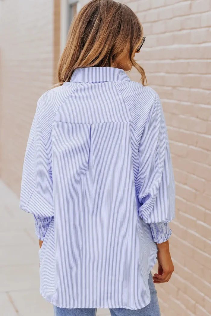 Skye Smocked Cuffed Striped Boyfriend Shirt with Pocket - Casual & Chic Oversized Top | Stylish Women's Button-Down - Image 3